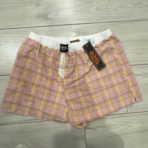 NWT Von Dutch pajama set size medium   Peach cream gingham plaid with lace top a - Picture 8 of 9